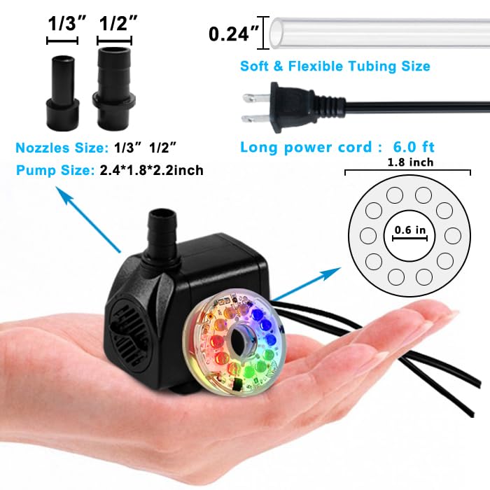 PULACO 160GPH Small Fountain Pump, 10Watt Submersible Pump with Automatic Color Changing LED Light and 3.3 ft Tubing for Water Feature, Outdoor Pond, Aquarium fish tanks - Image 4